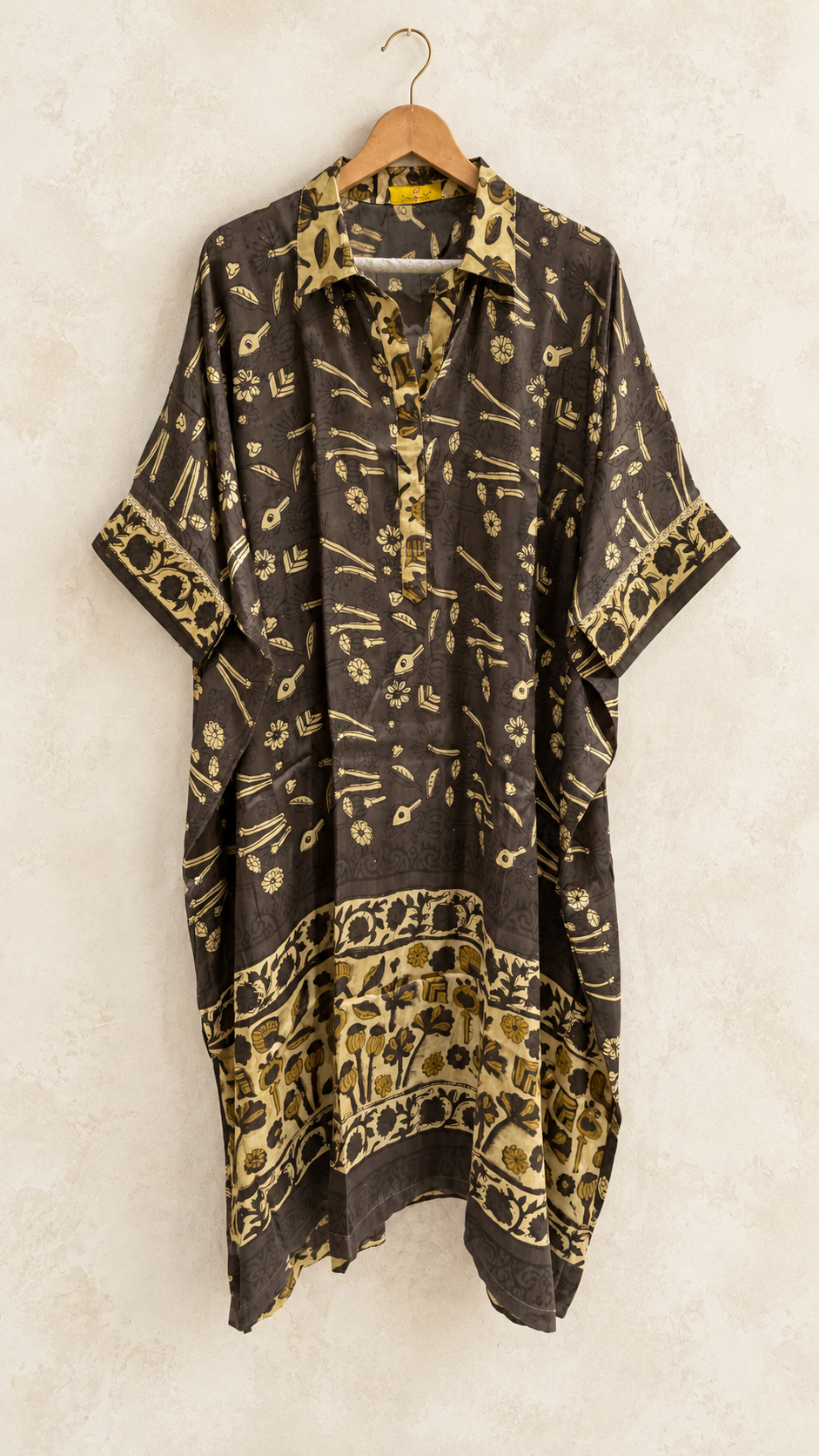Charcoal mustard modal silk kaftan with Ajrakh motifs
