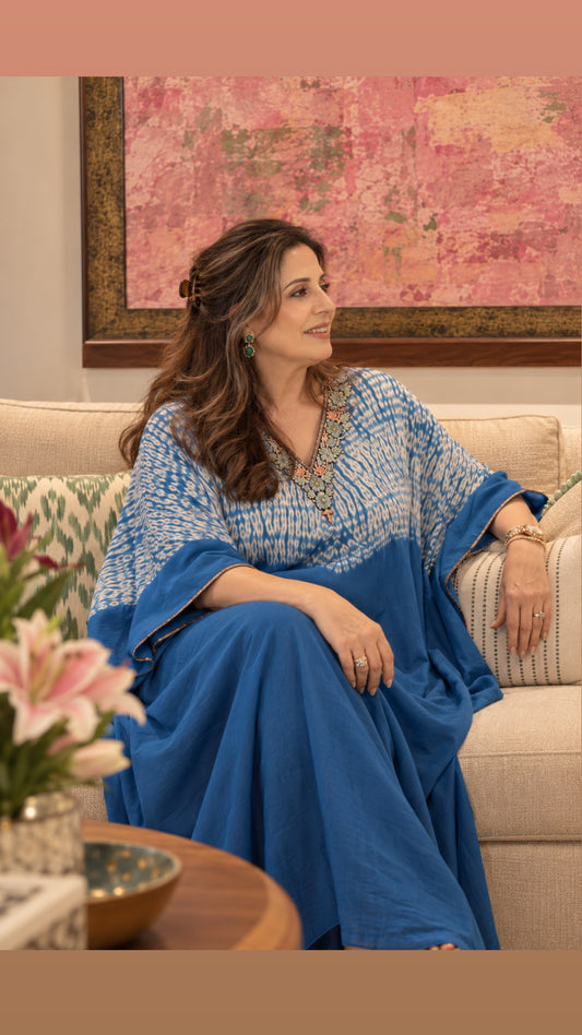 Blue Shibori kaftan, hand beadwork neckline detail