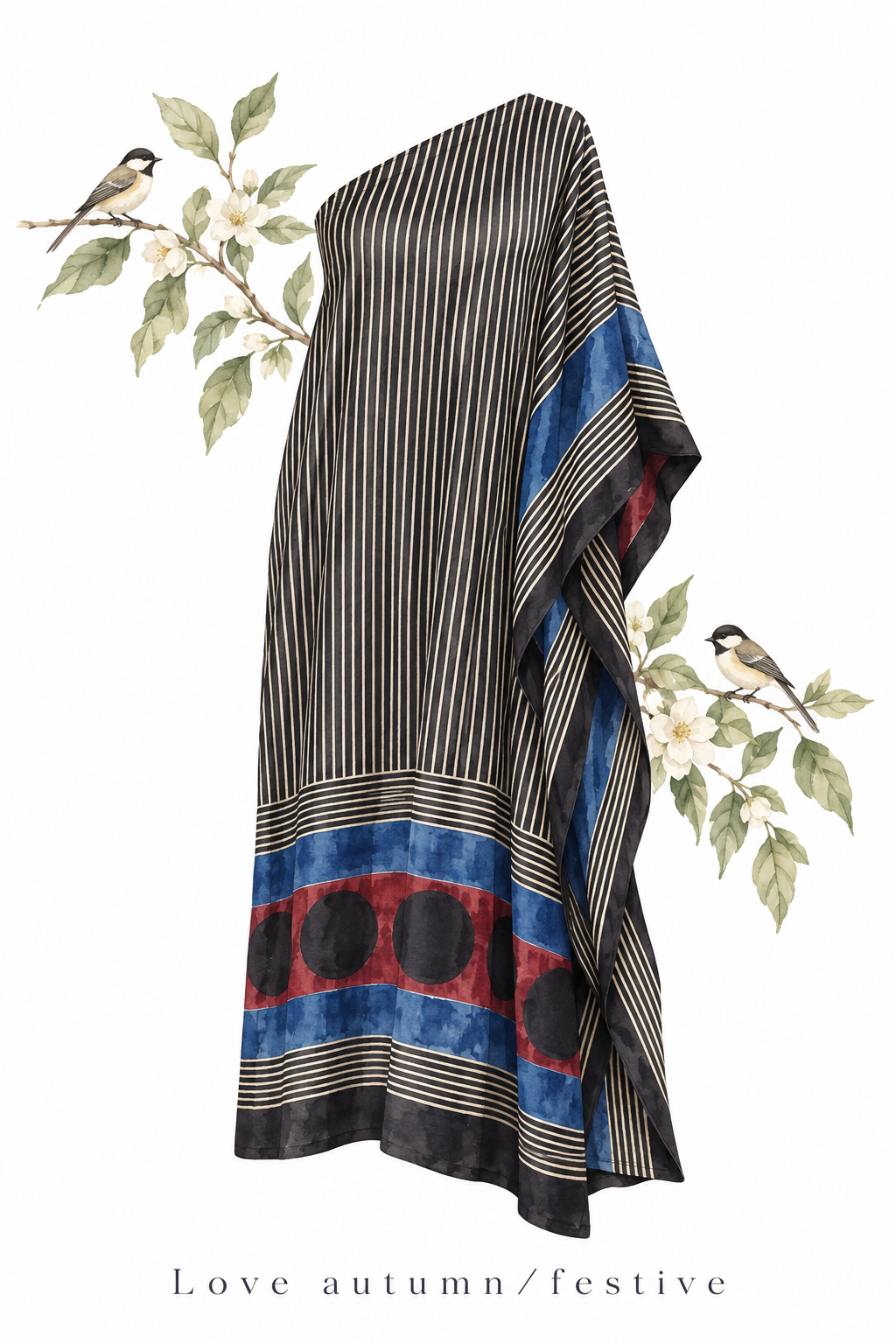 Black & Blue Ajrakh Modal Silk Off-Shoulder Kaftan