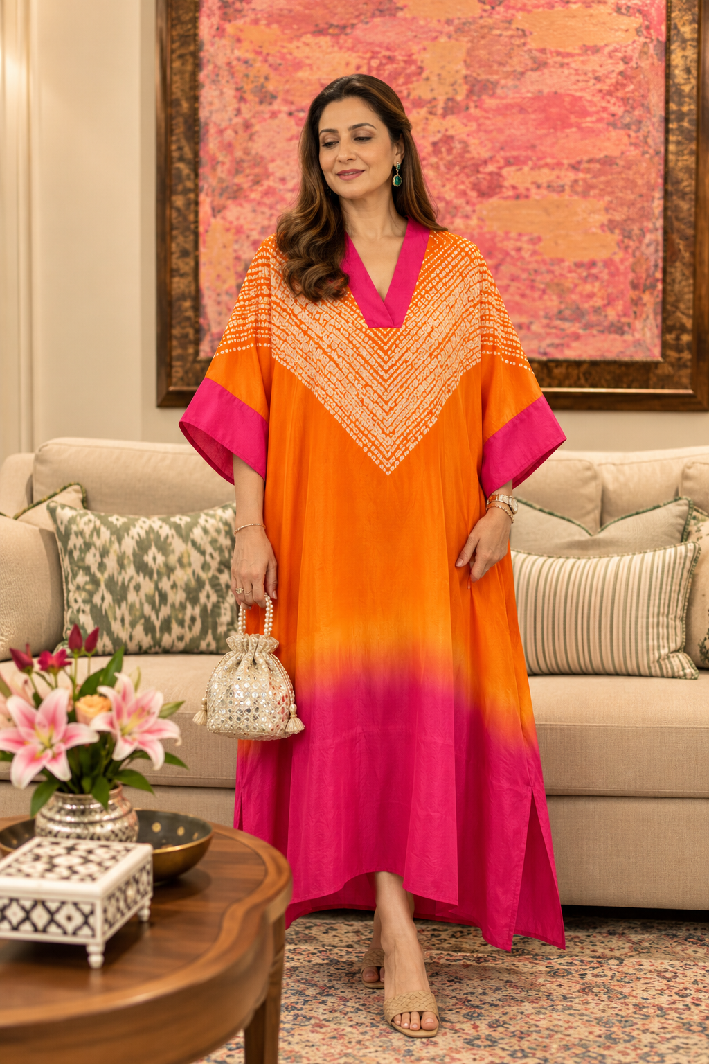 Orange and rani pink ombré modal silk kaftan with Shibori yoke by Gul