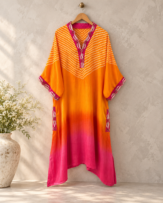 Orange fuchsia kaftan, hand-embroidered border detail