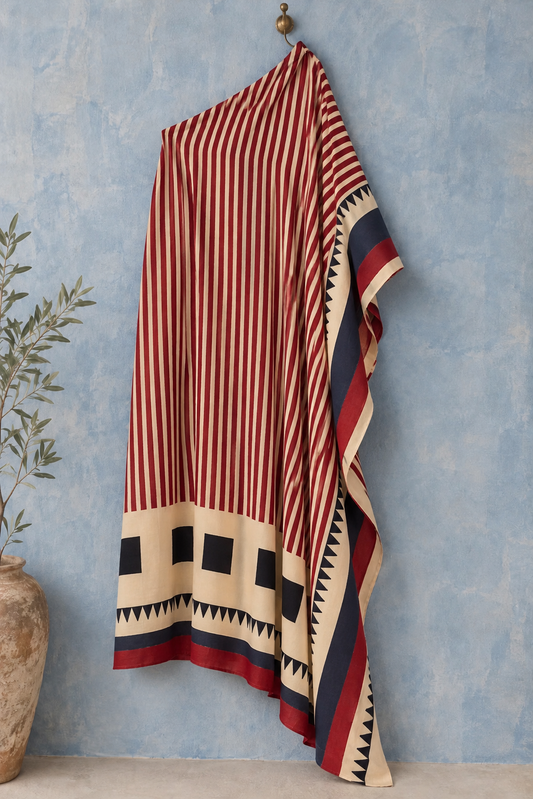 Red and ivory one-shoulder kaftan, hand block-printed geometry detail