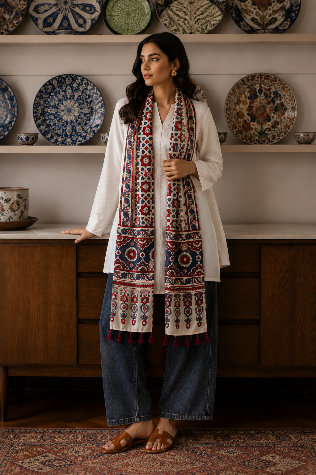 Ivory Red & Blue Star Print Ajrakh Dupatta
