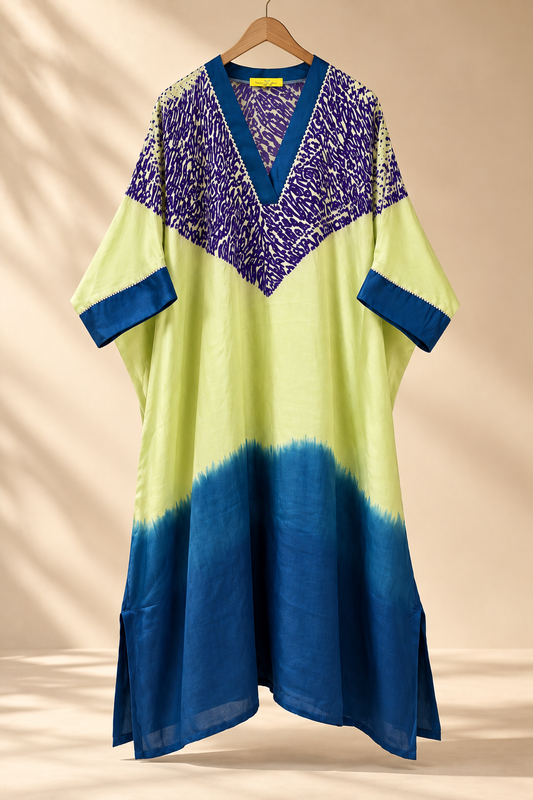 Pistachio and purple kaftan, tie-dyed yoke and gotta border detail