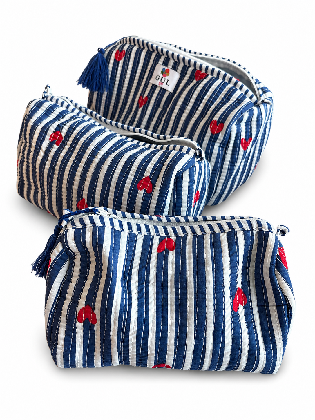 Navy Stripe Hearts Quilted Pouch Set of 3
