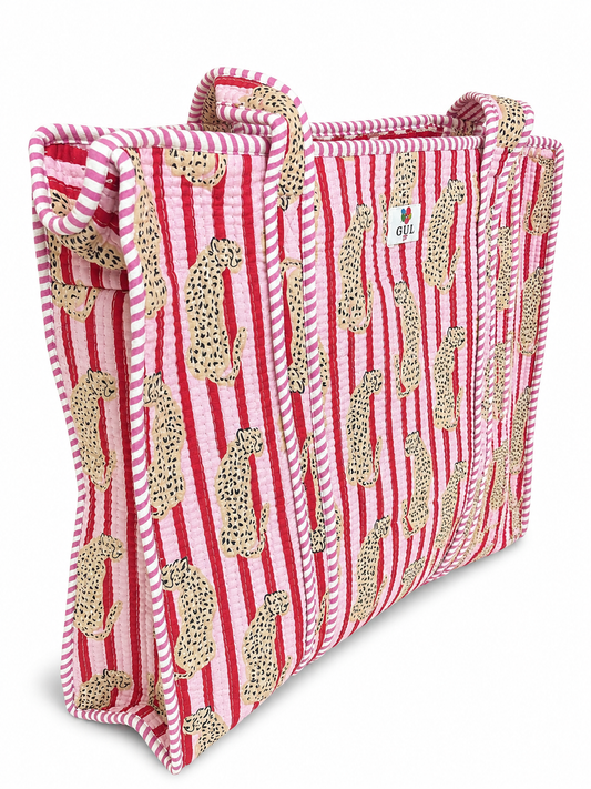 Pink Stripe Cheetah Quilted Tote Bag
