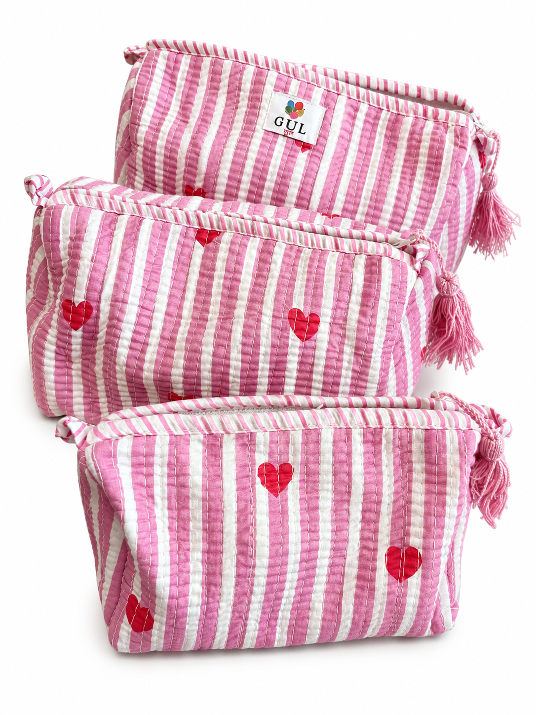 Pink Stripe Hearts Quilted Pouch Set of 3