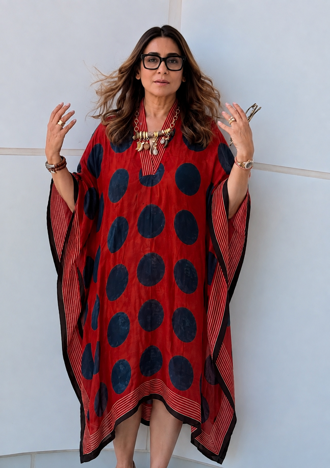 Tomato Red & Blue Polka Modal Silk Kaftan