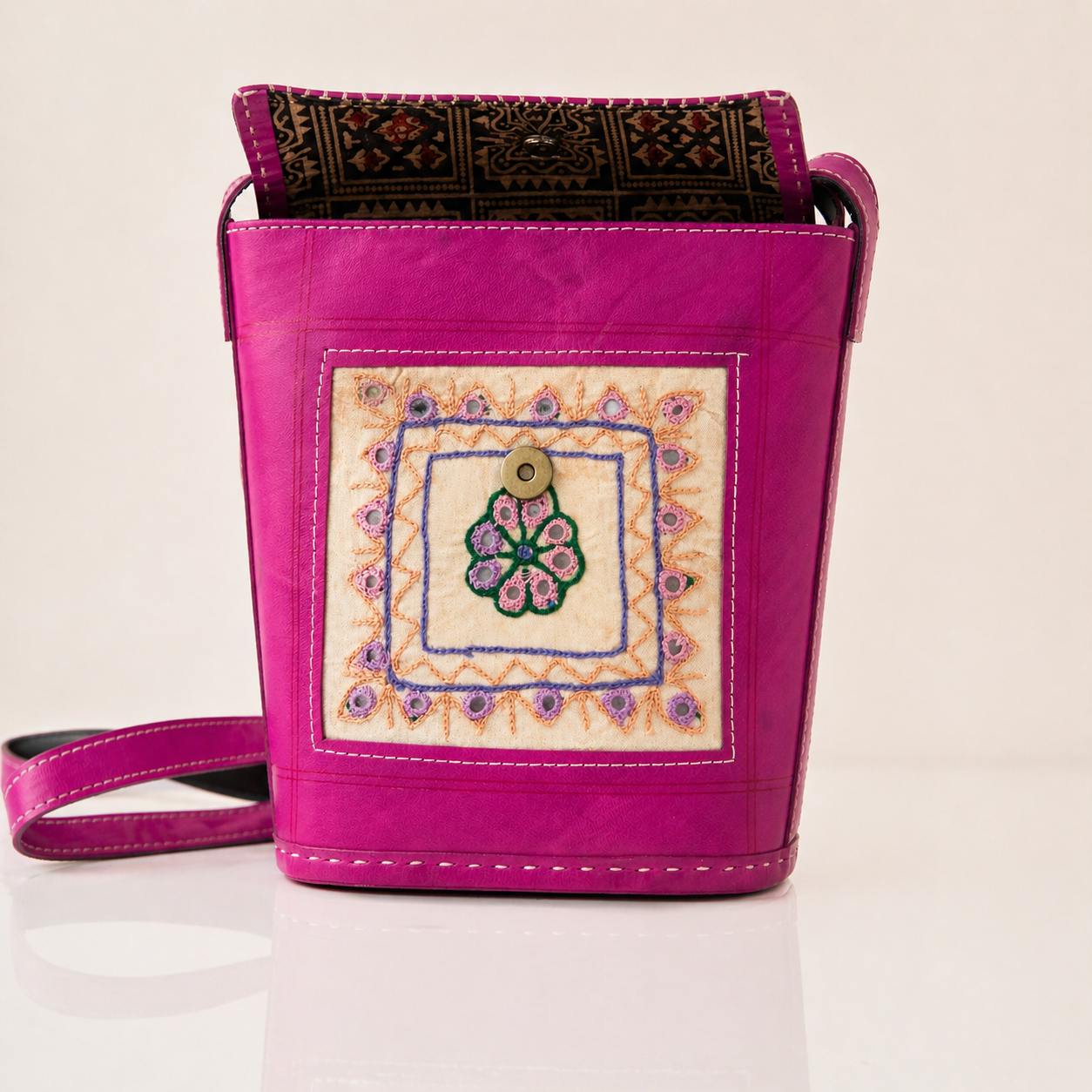 Fuchsia mirror work leather crossbody bag, detail