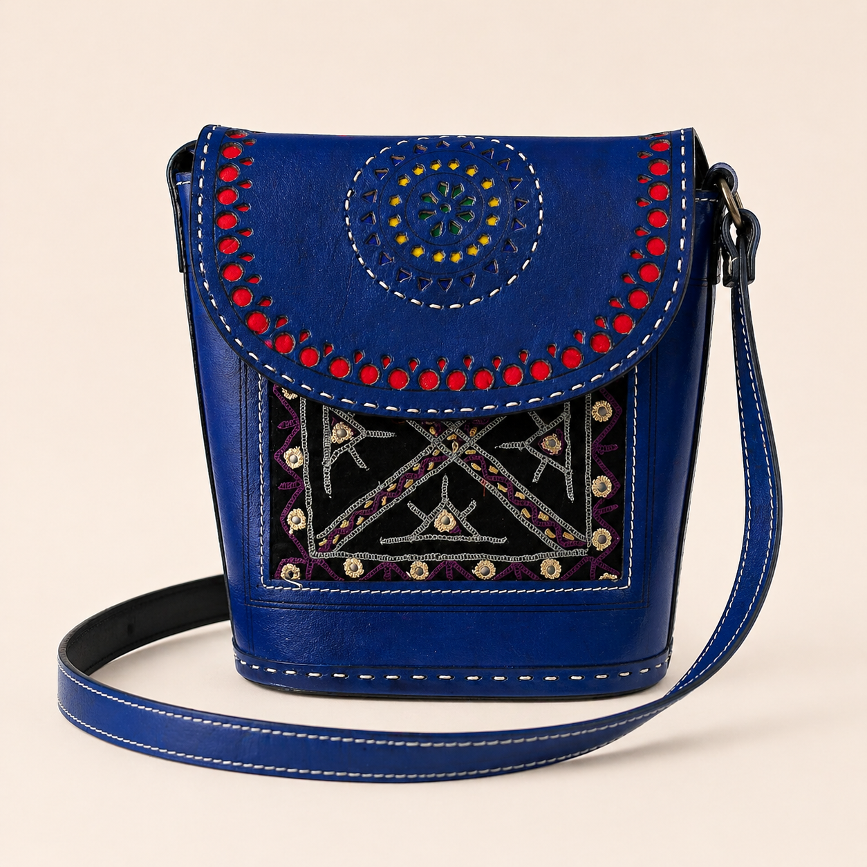 Blue mirror work leather bucket bag, detail