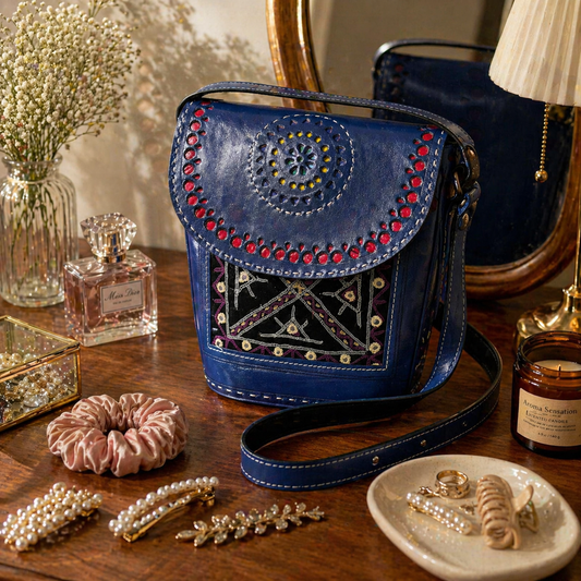 Blue mirror work leather bucket bag, alternate view