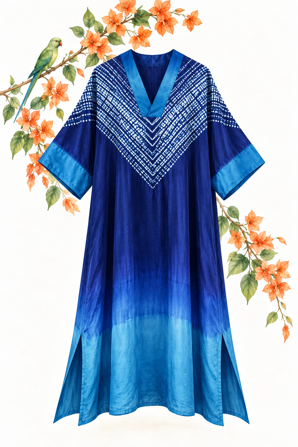 Blue Shibori modal silk kaftan by Gul, back view