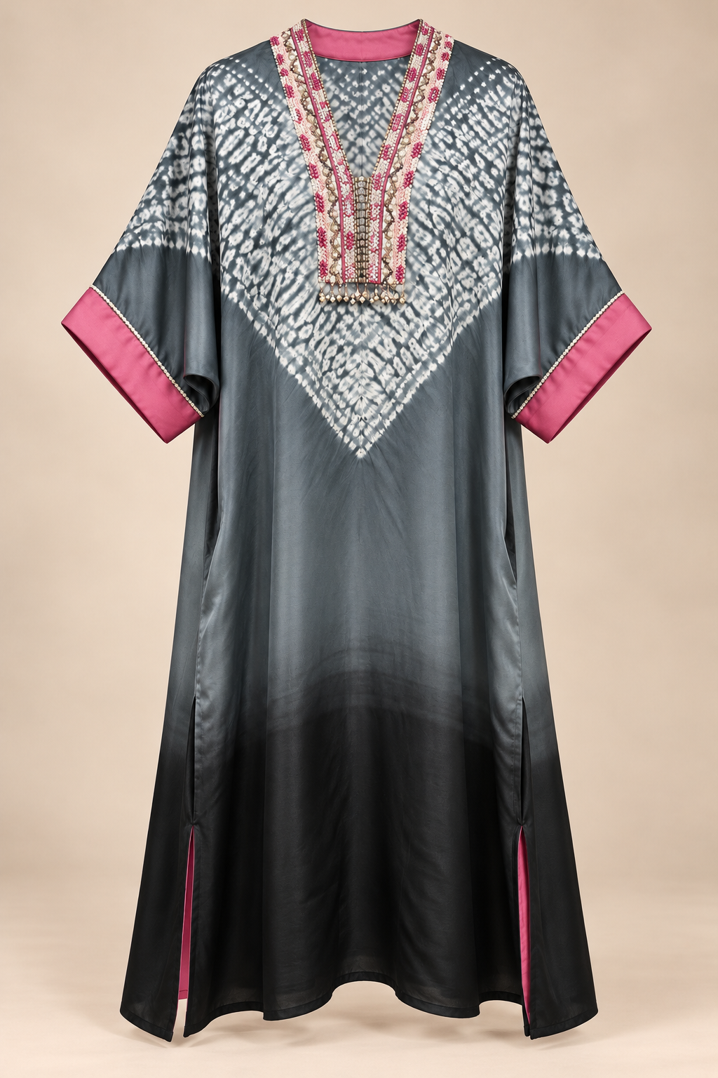 Midnight Shibori modal silk kaftan by Gul, full length
