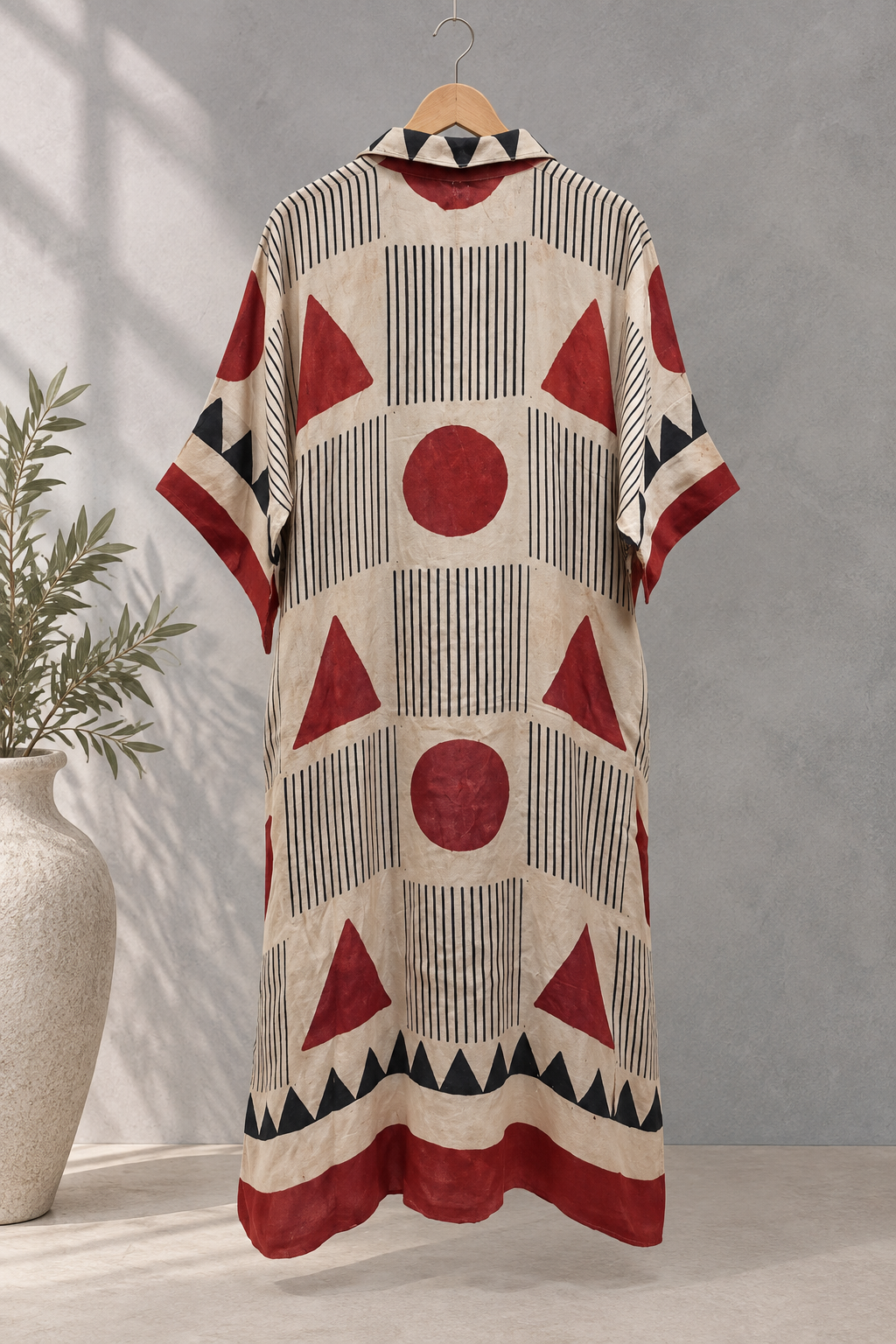 Ivory Geometric Deep Red Modal Silk Kaftan