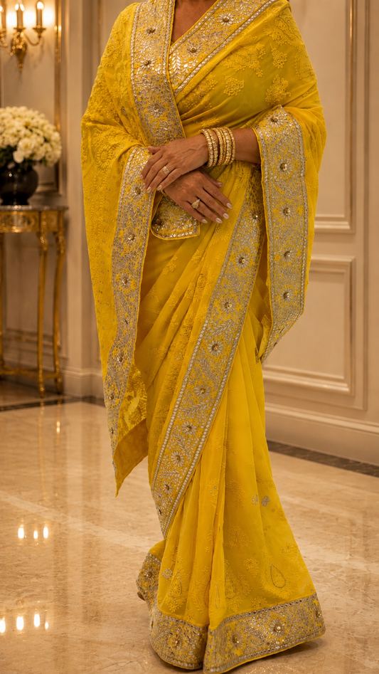 Yellow Mustard Gotta Patti with Zardozi Work Saree