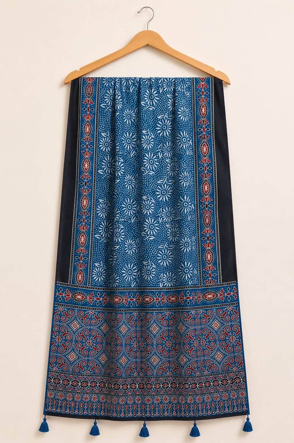 Blue and white checker Ajrakh dupatta on hanger 2