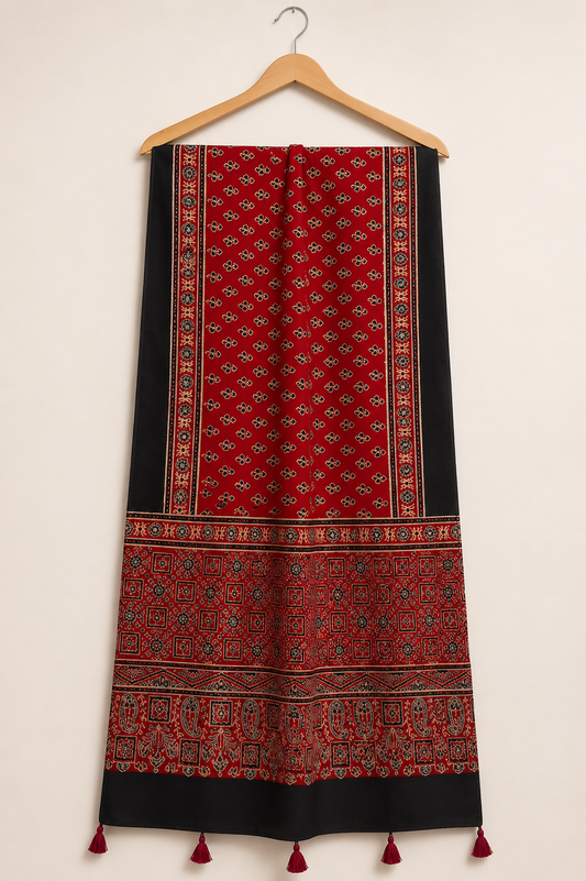 Red and black Ajrakh block print dupatta with tassels on hanger