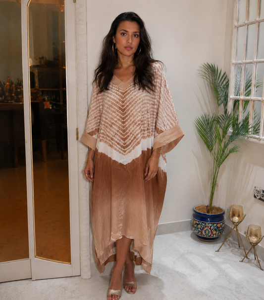Beige brown ombré chevron kaftan – standing view