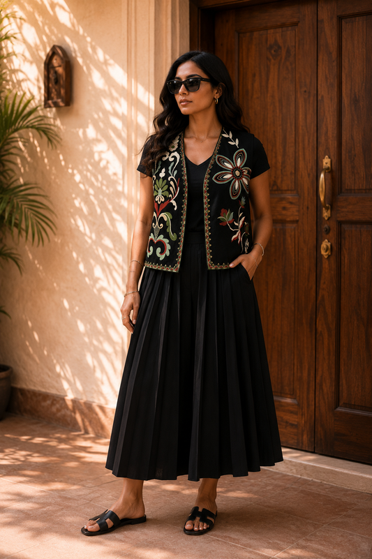 Black colourful floral Suzani vest lifestyle