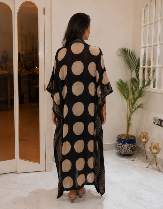 Black kaftan with large tan polka dots – back view