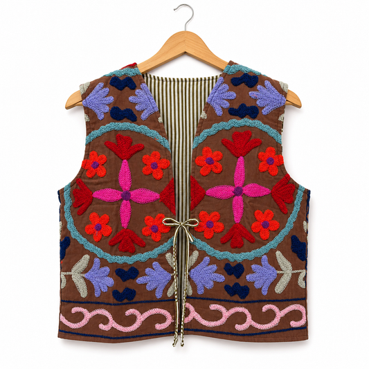 Brown medallion Suzani tie vest on hanger front