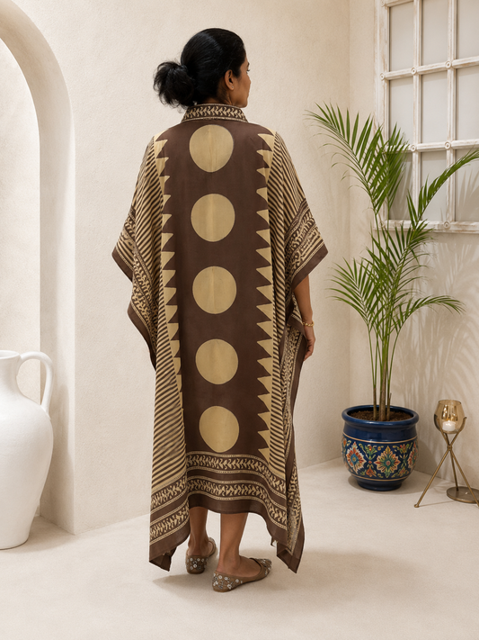 Brown tan aztec circle kaftan – back view