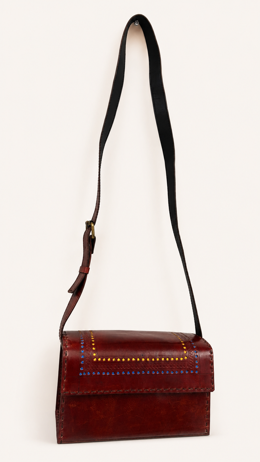 Cognac Leather Crossbody Bag with Multicolour Stud Border