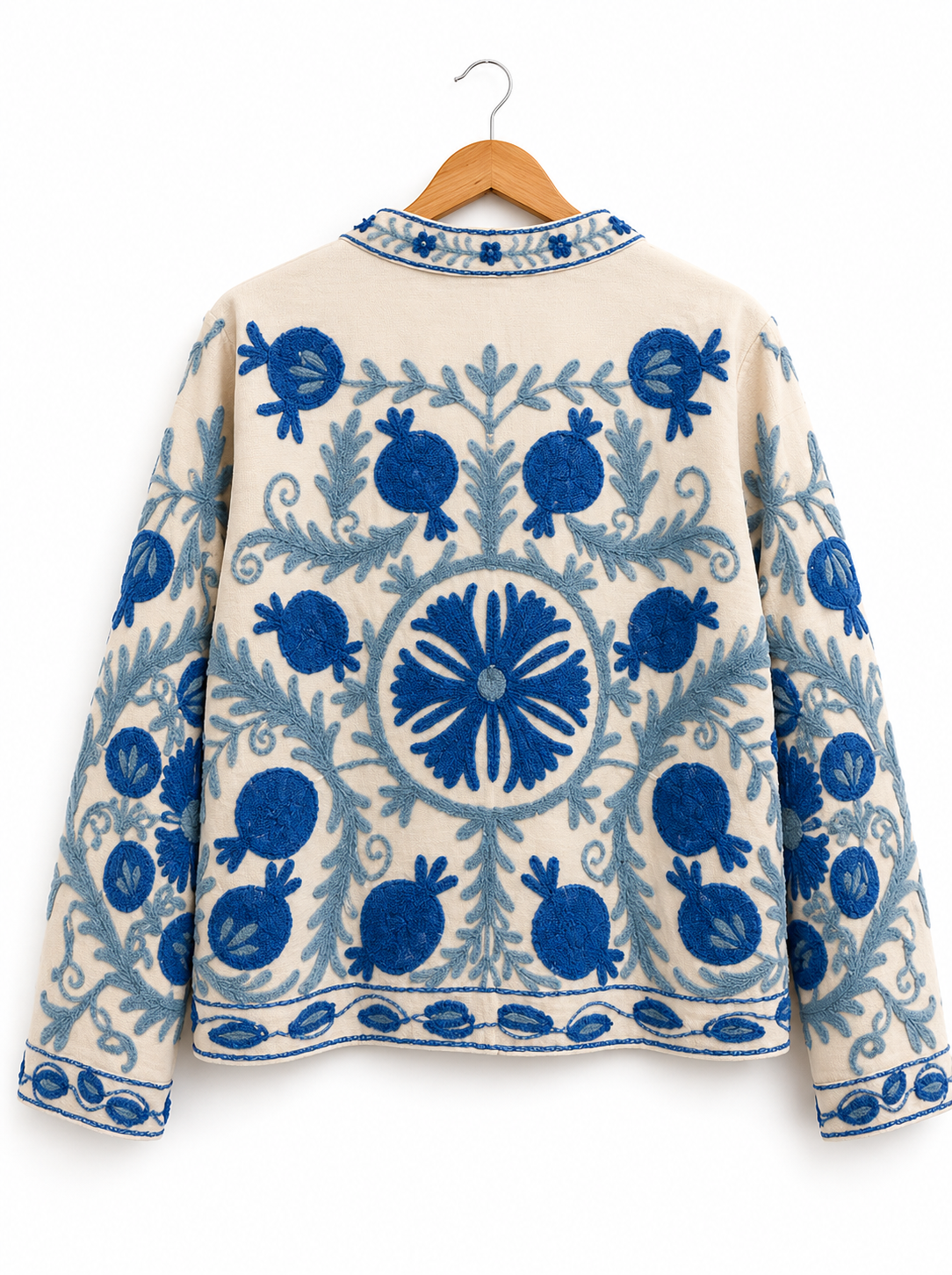 Cream blue Suzani embroidered jacket back