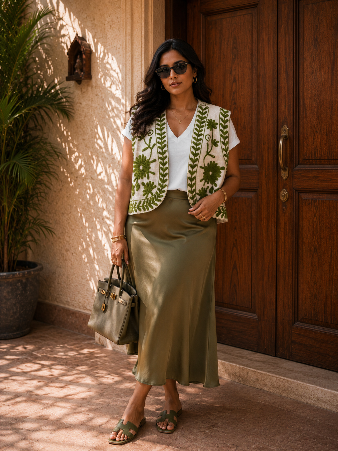 Cream olive floral border Suzani vest lifestyle