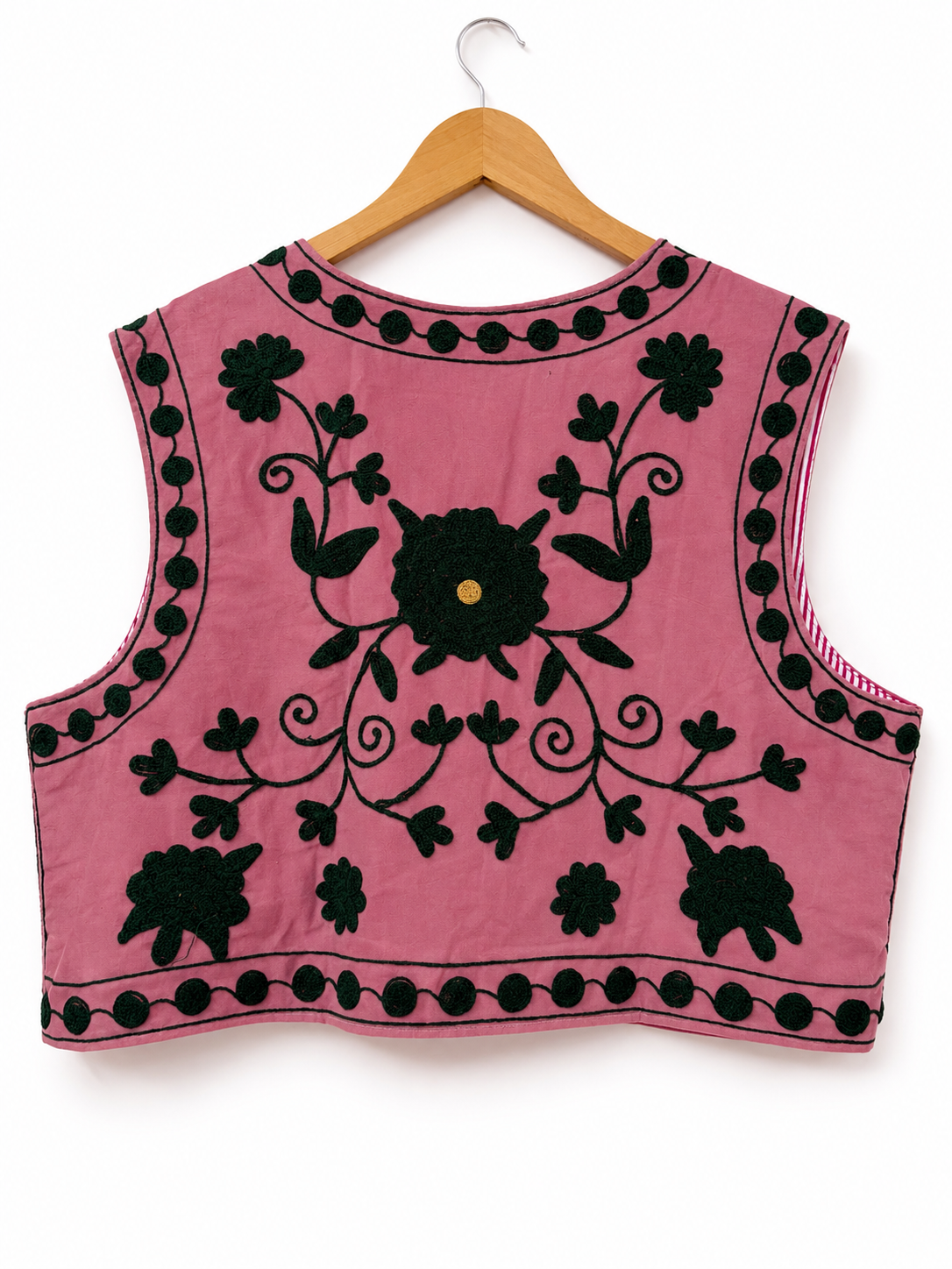 Dusty Pink & Black Floral Suzani Velvet Sleeveless Jacket