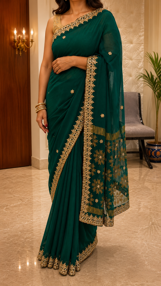 Emerald Green Floral Medallion Saree - front view