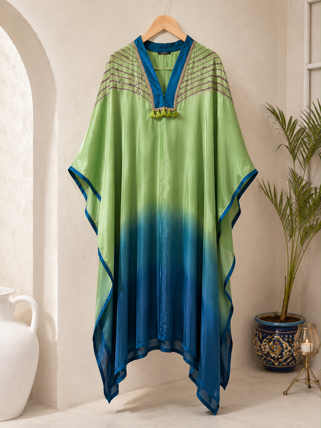 Green teal ombré embroidered kaftan – hanger view