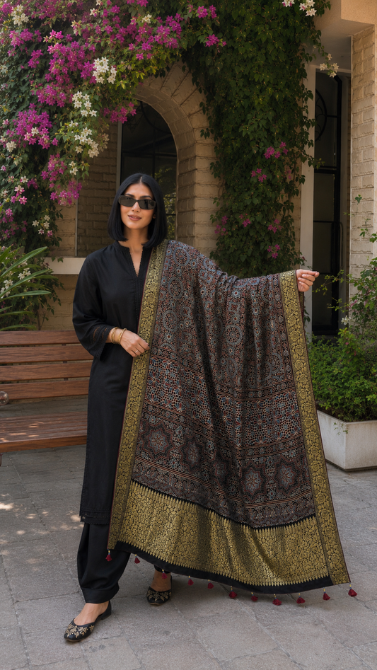 Black gold Ajrakh dupatta lifestyle standing