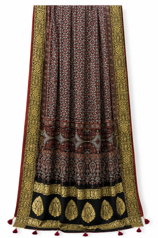 Black red Ajrakh dupatta flat lay