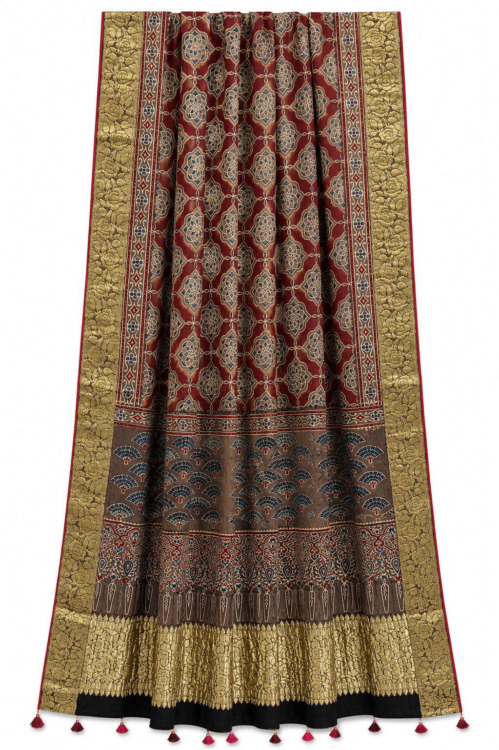 Maroon gold Ajrakh dupatta flat lay