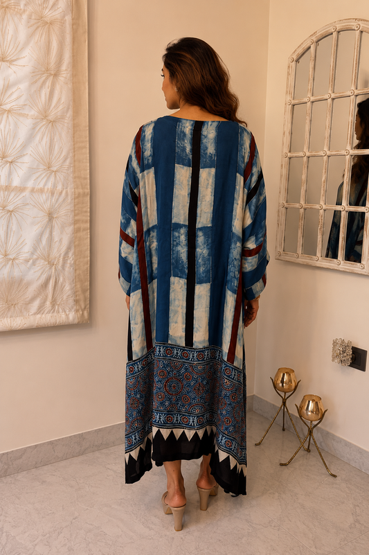 Blue Ikat Stripe Ajrakh Modal Silk Kaftan - Back