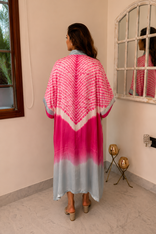 Pink Sky Bandhani Modal Silk Kaftan