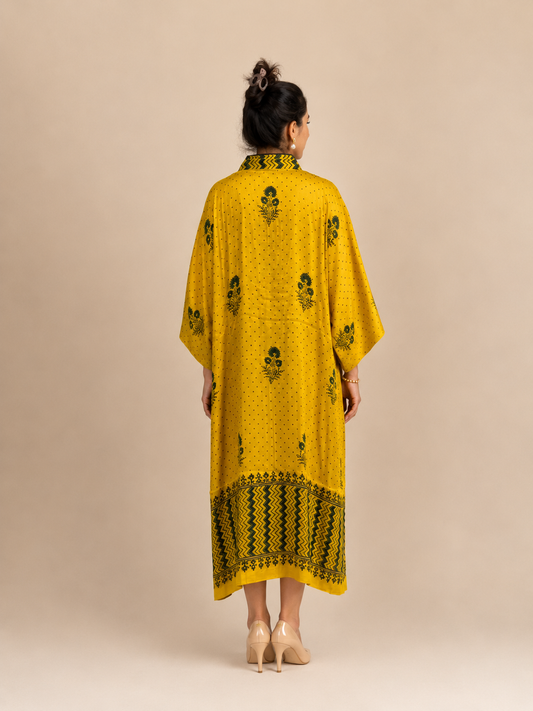 Yellow Ajrakh Circle-Print Modal Silk Kaftan - Front styled
