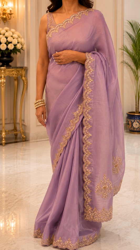Lavender Gold Scalloped Border Saree