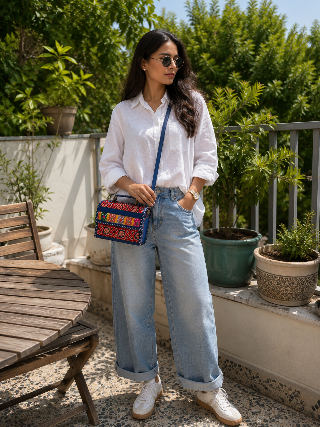Multicolour Banjara crossbody trunk bag — lifestyle with denim 2