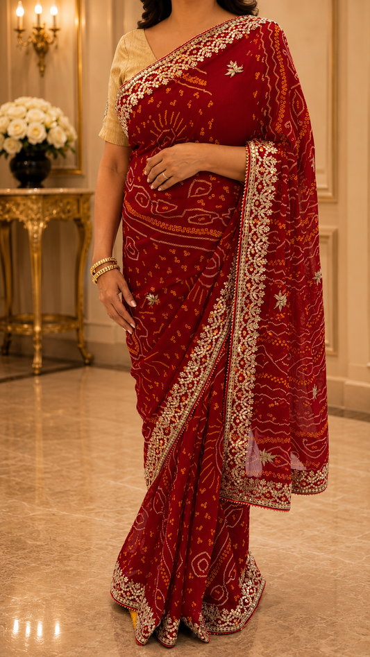 Deep Red Bandhani Saree