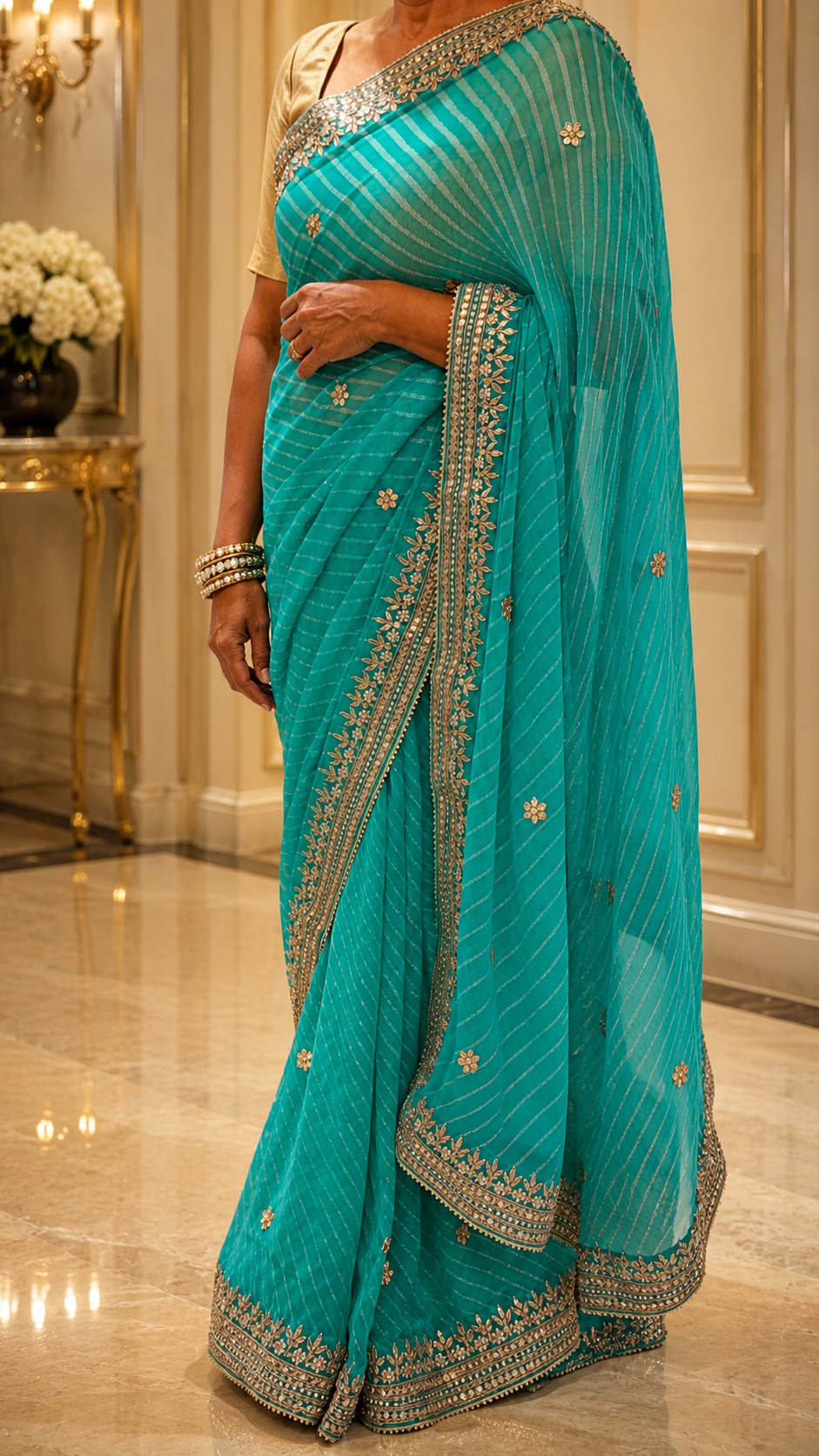 Teal gotta patti saree - drape close-up 1