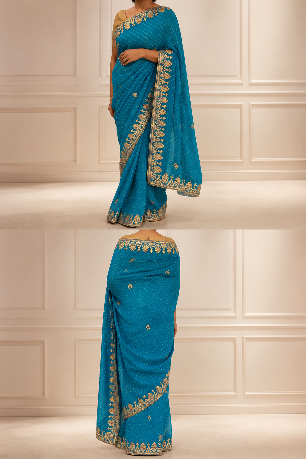 Teal gotta patti saree - gold border collage