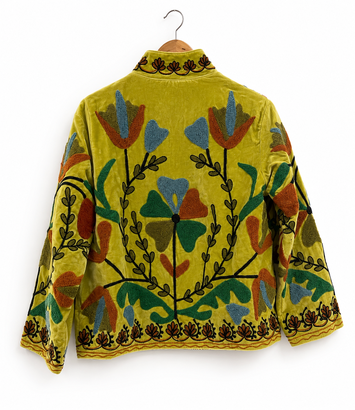 Yellow green Suzani embroidered jacket - back view