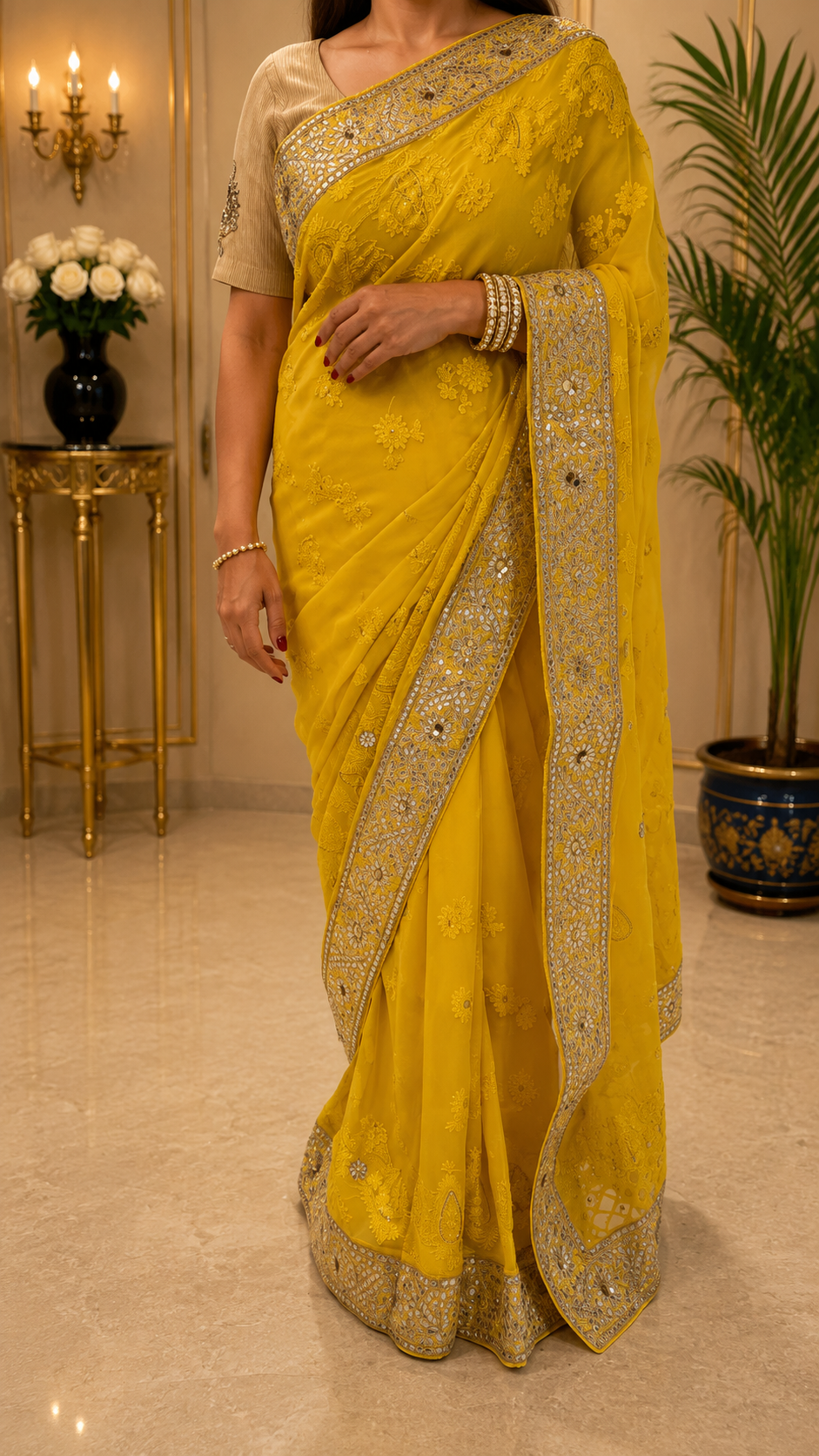 Yellow Mustard Gotta Patti with Zardozi Work Saree