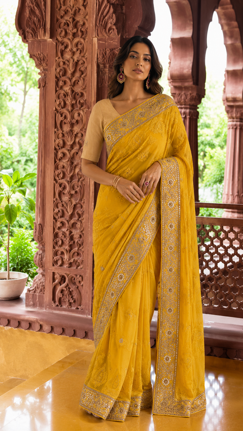 Yellow Mustard Embroidered Saree - full body view
