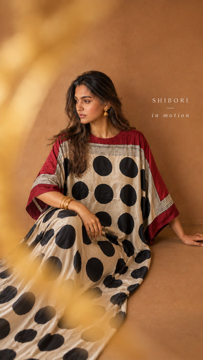 Black and red polka modal silk kaftan, fourth view