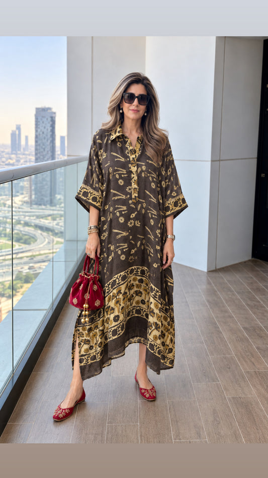 Charcoal mustard modal silk kaftan with Ajrakh motifs