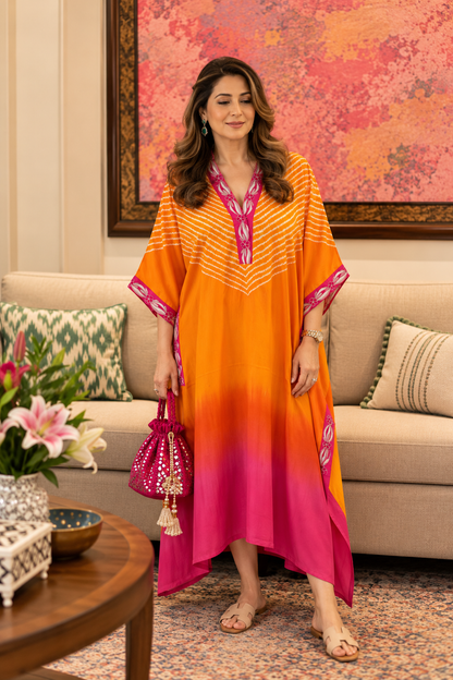 Orange and fuchsia hand-embroidered modal silk kaftan by Gul
