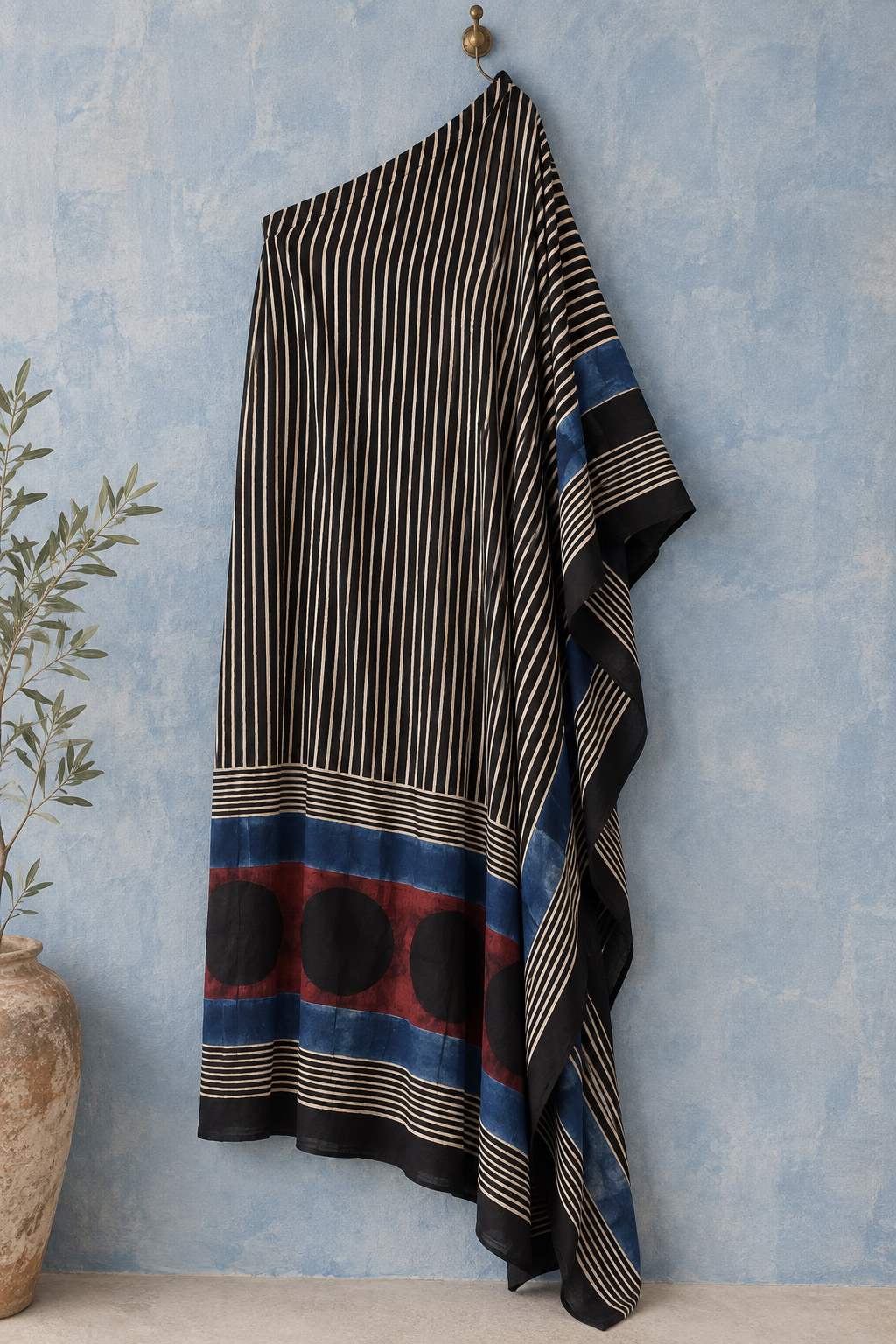 Black & Blue Ajrakh Modal Silk Off-Shoulder Kaftan
